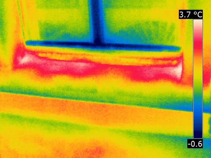 Heizenergie verlässt den Raum über eine Wärmebrücke unterhalb des unteren Rahmenprofiles