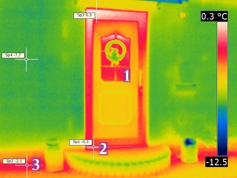 Wärmebild einer Eingangstür mit energetisch schwachem Türblattrahmen und Glasteil
