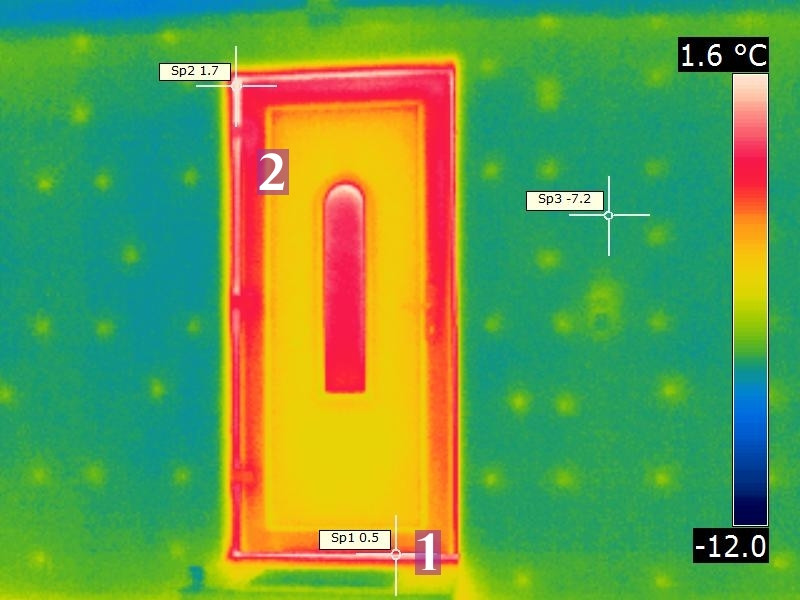 Hauseingangstür mit schwacher Wärmedämmung des Flügel-Rahmens und der Verglasung