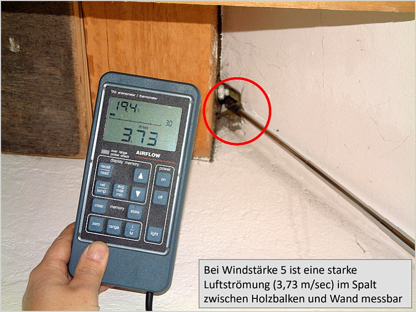 Luftströmung im Spalt zwischen Holzbalken und Wand Luftströmung im Spalt zwischen Holzbalken und Wand
