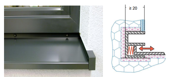 Gleitendes, federndes Endstück, wodurch sich die metallische Fensterbank ungehindert ausdehnen kann