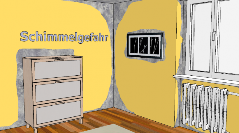 Schimmelgefährdete Bereiche hinter abgestelltem Heizkörper, den Ecken, Fensterlaibung und einem Schrank