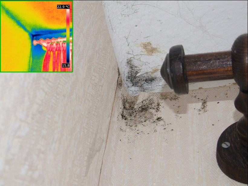 Wohnraumschimmel im Bereich des  Fenstersturzes/Außenwandecke (oben) mit Wärmebild