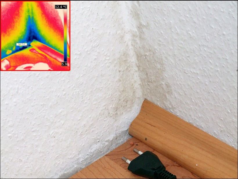 Schimmelbefall in einer Außenwandecke unten mit Wärmebild