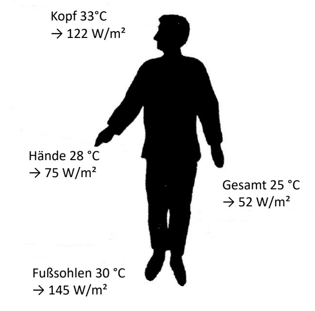 Oberflächentemperaturen und ungefähre Wärmeleistung eines Menschen