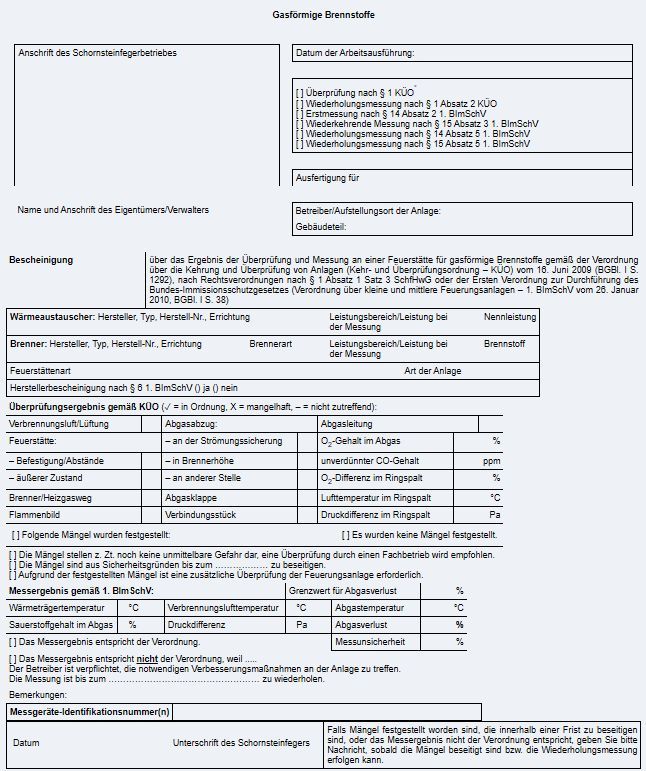 Bescheinigung des Schornsteinfegers für eine Feuerstätte mit gasförmigen Brennstoffen)